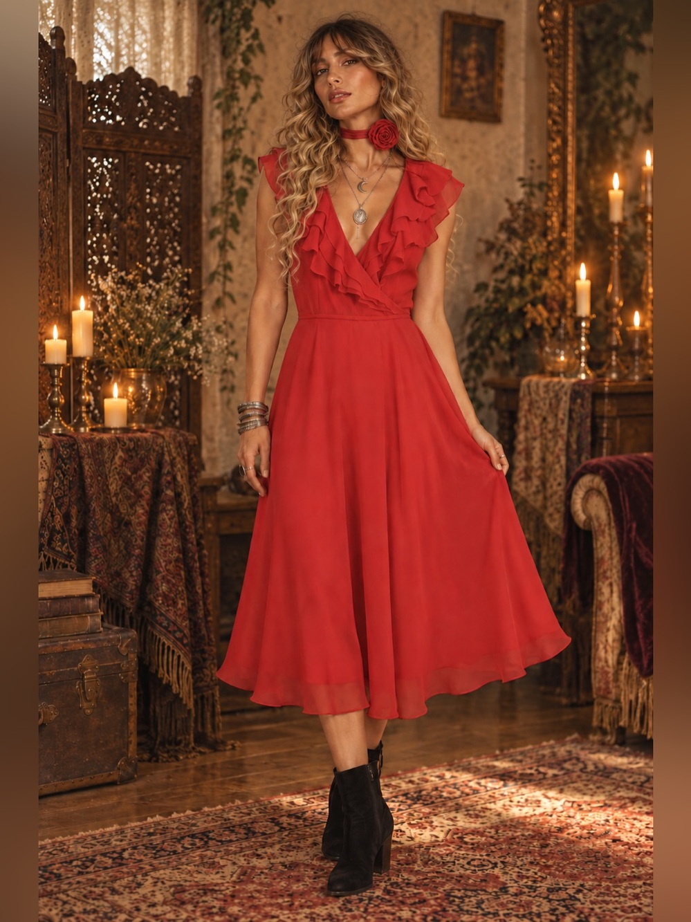 15. Bice Red Chiffon Ruffle Wrap Midi Dress Rosette Tie Size 4